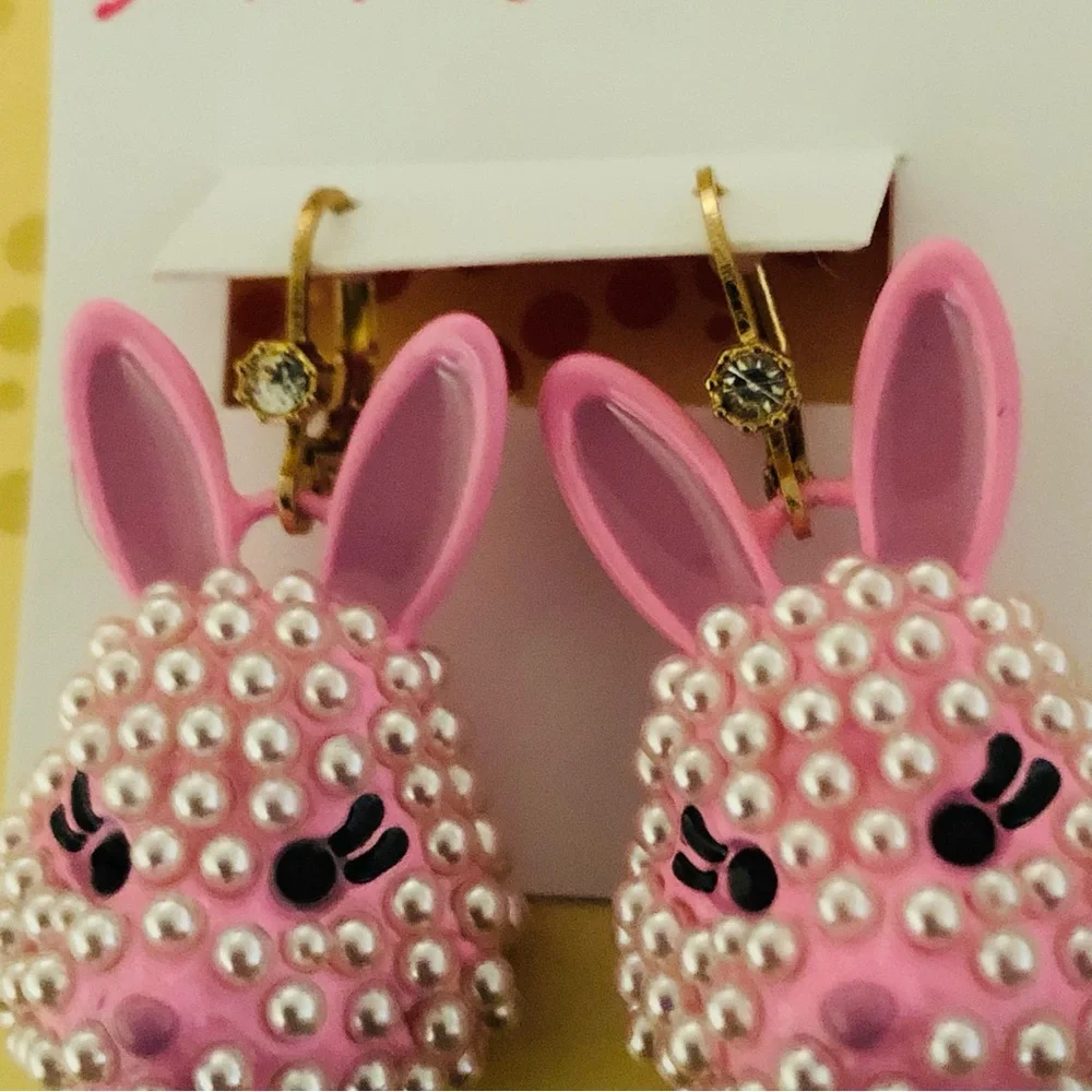 Authentic Betsey Johnson Earrings, Pink Enamel Bunny Pearl Beaded Rhinestone NWT